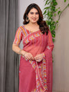 Rose Red Floral Printed Organza Saree with Multicolour Leaf Border | Lightweight Designer Organza Saree with Attached Blouse Piece | Festive & Party Wear Saree