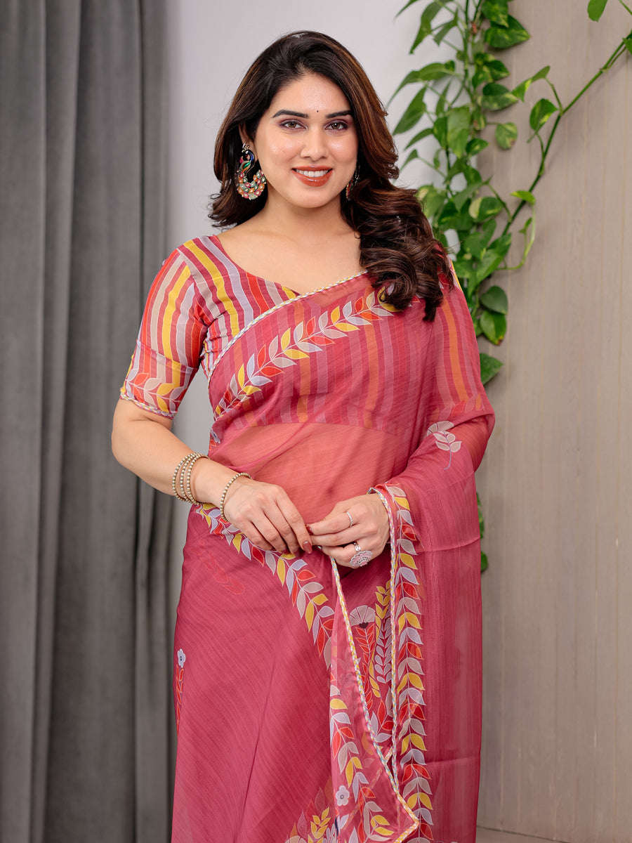 Rose Red Floral Printed Organza Saree with Multicolour Leaf Border | Lightweight Designer Organza Saree with Attached Blouse Piece | Festive & Party Wear Saree