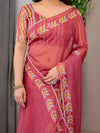 Rose Red Floral Printed Organza Saree with Multicolour Leaf Border | Lightweight Designer Organza Saree with Attached Blouse Piece | Festive & Party Wear Saree