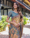 Maroon Handloom Cotton Saree with Peacock Floral Art & Green Pallu