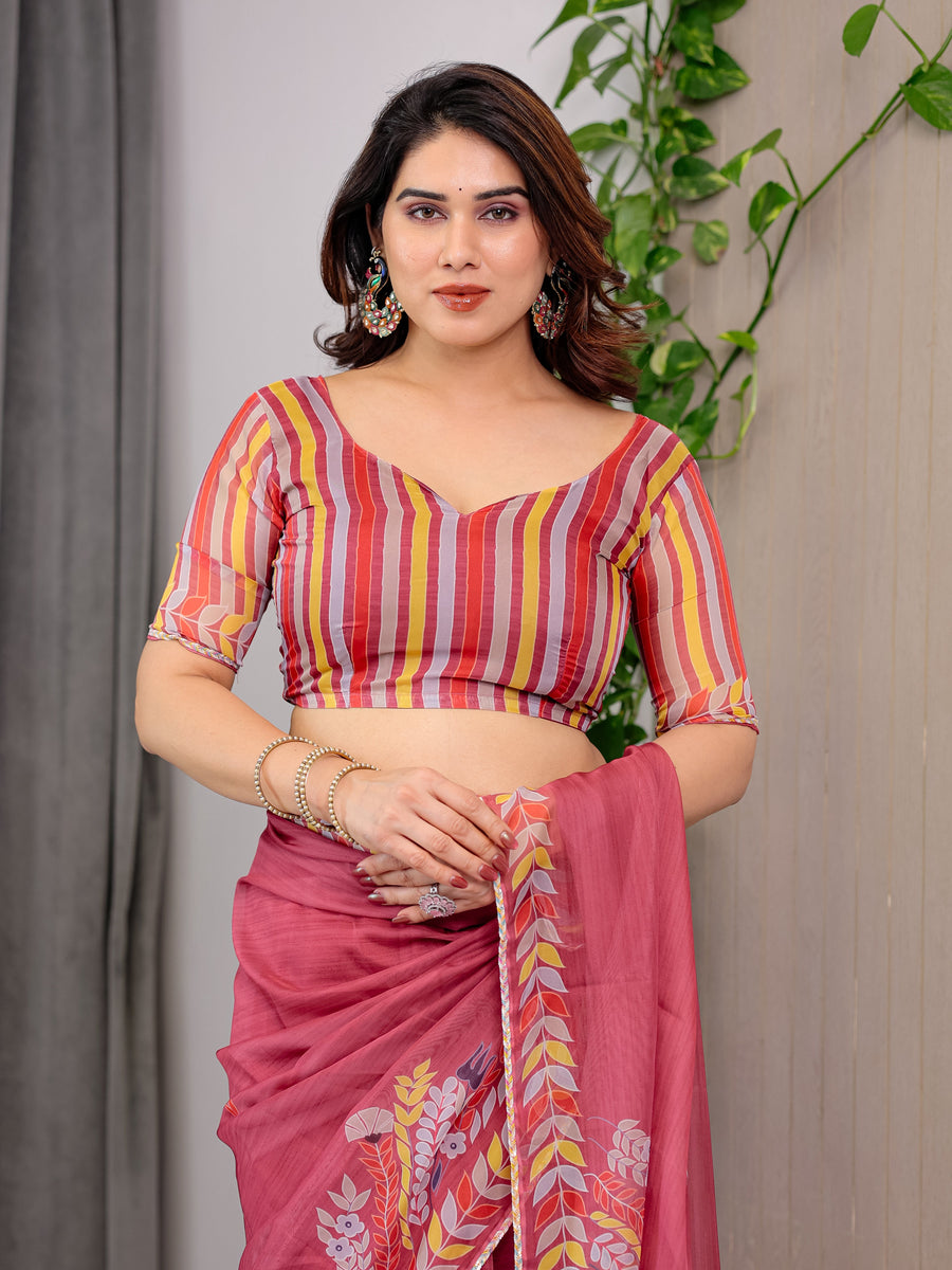 Rose Red Floral Printed Organza Saree with Multicolour Leaf Border | Lightweight Designer Organza Saree with Attached Blouse Piece | Festive & Party Wear Saree