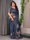 Midnight Blue Floral Printed Organza Saree with Floral Border & Multicolour Lace Edges | Designer Lightweight Organza Saree with Attached Blouse Piece | Festive & Party Wear Saree
