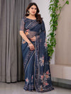 Midnight Blue Floral Printed Organza Saree with Floral Border & Multicolour Lace Edges | Designer Lightweight Organza Saree with Attached Blouse Piece | Festive & Party Wear Saree