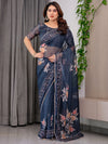 Midnight Blue Floral Printed Organza Saree with Floral Border & Multicolour Lace Edges | Designer Lightweight Organza Saree with Attached Blouse Piece | Festive & Party Wear Saree