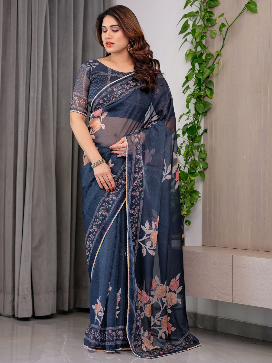 Midnight Blue Floral Printed Organza Saree with Floral Border & Multicolour Lace Edges | Designer Lightweight Organza Saree with Attached Blouse Piece | Festive & Party Wear Saree