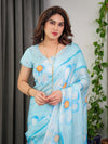 Sky Blue Satin Georgette Floral Printed Saree with Attached Blouse – Buy Online | Shree Roop