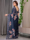 Midnight Blue Floral Printed Organza Saree with Floral Border & Multicolour Lace Edges | Designer Lightweight Organza Saree with Attached Blouse Piece | Festive & Party Wear Saree