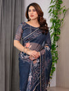 Midnight Blue Floral Printed Organza Saree with Floral Border & Multicolour Lace Edges | Designer Lightweight Organza Saree with Attached Blouse Piece | Festive & Party Wear Saree