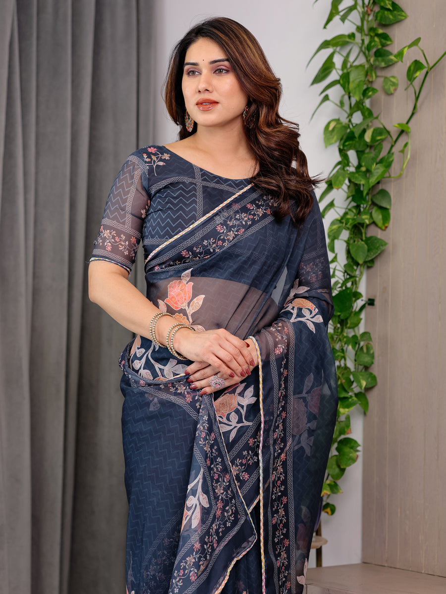 Midnight Blue Floral Printed Organza Saree with Floral Border & Multicolour Lace Edges | Designer Lightweight Organza Saree with Attached Blouse Piece | Festive & Party Wear Saree