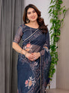Midnight Blue Floral Printed Organza Saree with Floral Border & Multicolour Lace Edges | Designer Lightweight Organza Saree with Attached Blouse Piece | Festive & Party Wear Saree