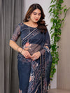 Midnight Blue Floral Printed Organza Saree with Floral Border & Multicolour Lace Edges | Designer Lightweight Organza Saree with Attached Blouse Piece | Festive & Party Wear Saree