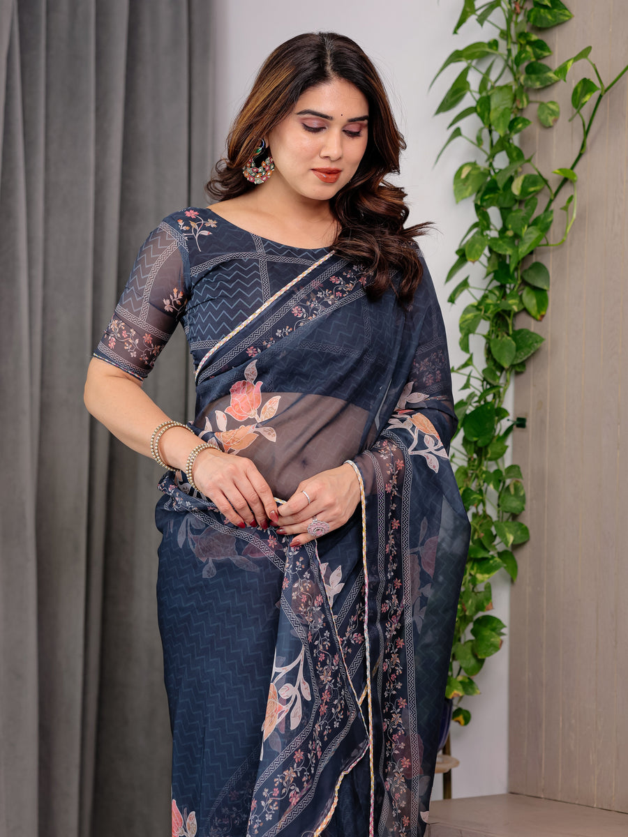 Midnight Blue Floral Printed Organza Saree with Floral Border & Multicolour Lace Edges | Designer Lightweight Organza Saree with Attached Blouse Piece | Festive & Party Wear Saree