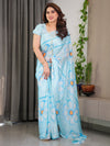 Sky Blue Satin Georgette Floral Printed Saree with Attached Blouse – Buy Online | Shree Roop