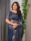 Midnight Blue Floral Printed Organza Saree with Floral Border & Multicolour Lace Edges | Designer Lightweight Organza Saree with Attached Blouse Piece | Festive & Party Wear Saree
