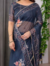 Midnight Blue Floral Printed Organza Saree with Floral Border & Multicolour Lace Edges | Designer Lightweight Organza Saree with Attached Blouse Piece | Festive & Party Wear Saree