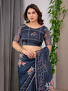 Midnight Blue Floral Printed Organza Saree with Floral Border & Multicolour Lace Edges | Designer Lightweight Organza Saree with Attached Blouse Piece | Festive & Party Wear Saree