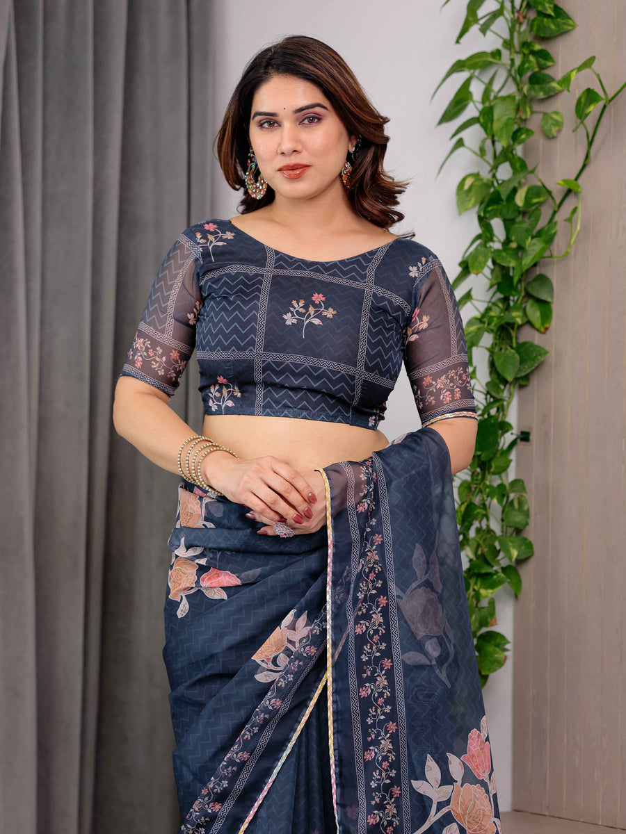 Midnight Blue Floral Printed Organza Saree with Floral Border & Multicolour Lace Edges | Designer Lightweight Organza Saree with Attached Blouse Piece | Festive & Party Wear Saree