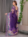 Royal Purple Printed Organza Saree with Multicolour Ethnic Border & Lace Edges | Designer Lightweight Organza Saree with Attached Blouse Piece | Festive & Party Wear Saree