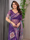 Royal Purple Printed Organza Saree with Multicolour Ethnic Border & Lace Edges | Designer Lightweight Organza Saree with Attached Blouse Piece | Festive & Party Wear Saree