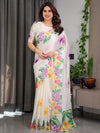Ivory White Floral Garden Print Satin Georgette Saree | Multicolor Tropical Flowers – Buy Online