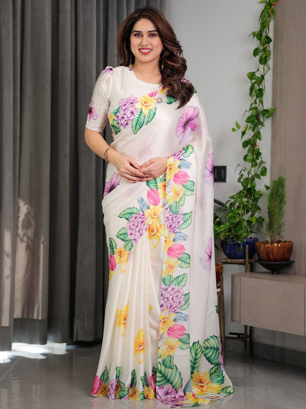 Ivory White Floral Garden Print Satin Georgette Saree | Multicolor Tropical Flowers – Buy Online