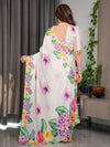 Ivory White Floral Garden Print Satin Georgette Saree | Multicolor Tropical Flowers – Buy Online