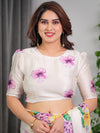 Ivory White Floral Garden Print Satin Georgette Saree | Multicolor Tropical Flowers – Buy Online