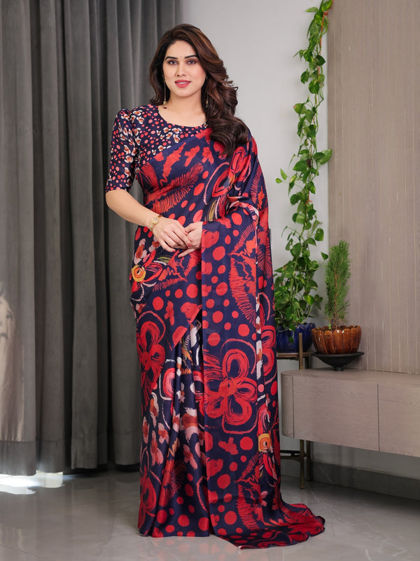 Navy Blue Abstract Floral & Polka Print Satin Georgette Saree | Red Brushstroke – Buy Online