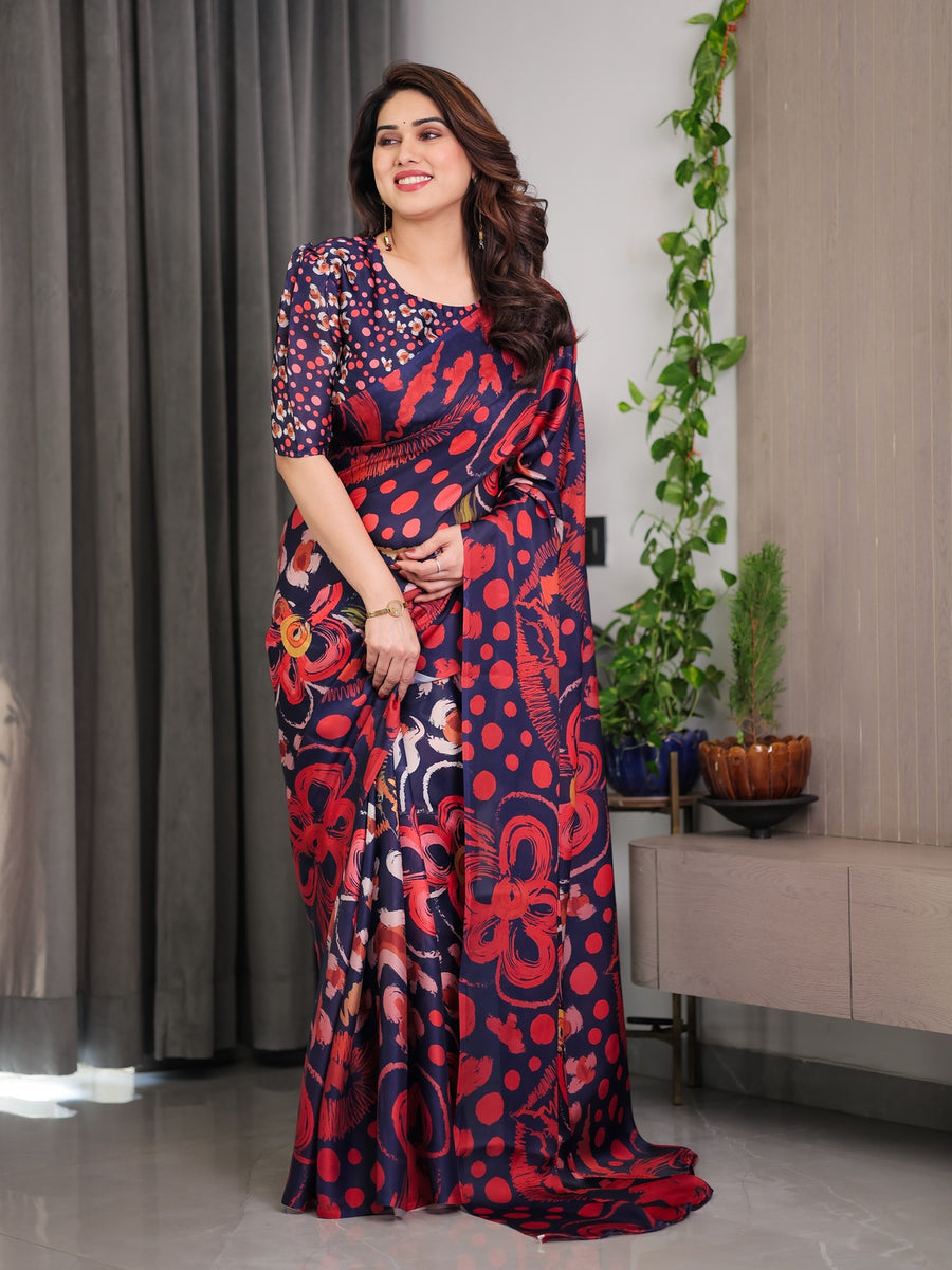 Navy Blue Abstract Floral & Polka Print Satin Georgette Saree | Red Brushstroke – Buy Online