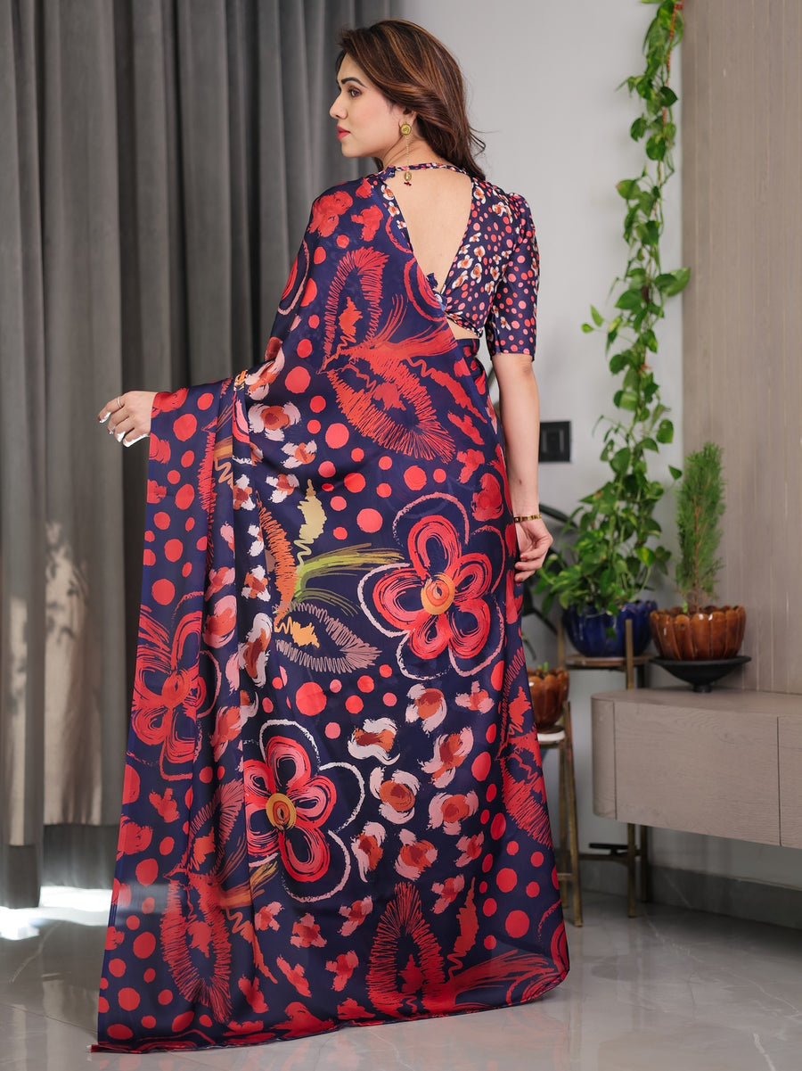 Navy Blue Abstract Floral & Polka Print Satin Georgette Saree | Red Brushstroke – Buy Online
