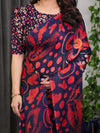 Navy Blue Abstract Floral & Polka Print Satin Georgette Saree | Red Brushstroke – Buy Online