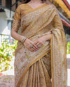Mustard Brown Pure Handloom Cotton Saree with Village Life Digital Print & Contrast Pallu