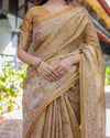 Mustard Brown Pure Handloom Cotton Saree with Village Life Digital Print & Contrast Pallu