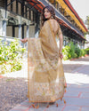 Mustard Brown Pure Handloom Cotton Saree with Village Life Digital Print & Contrast Pallu
