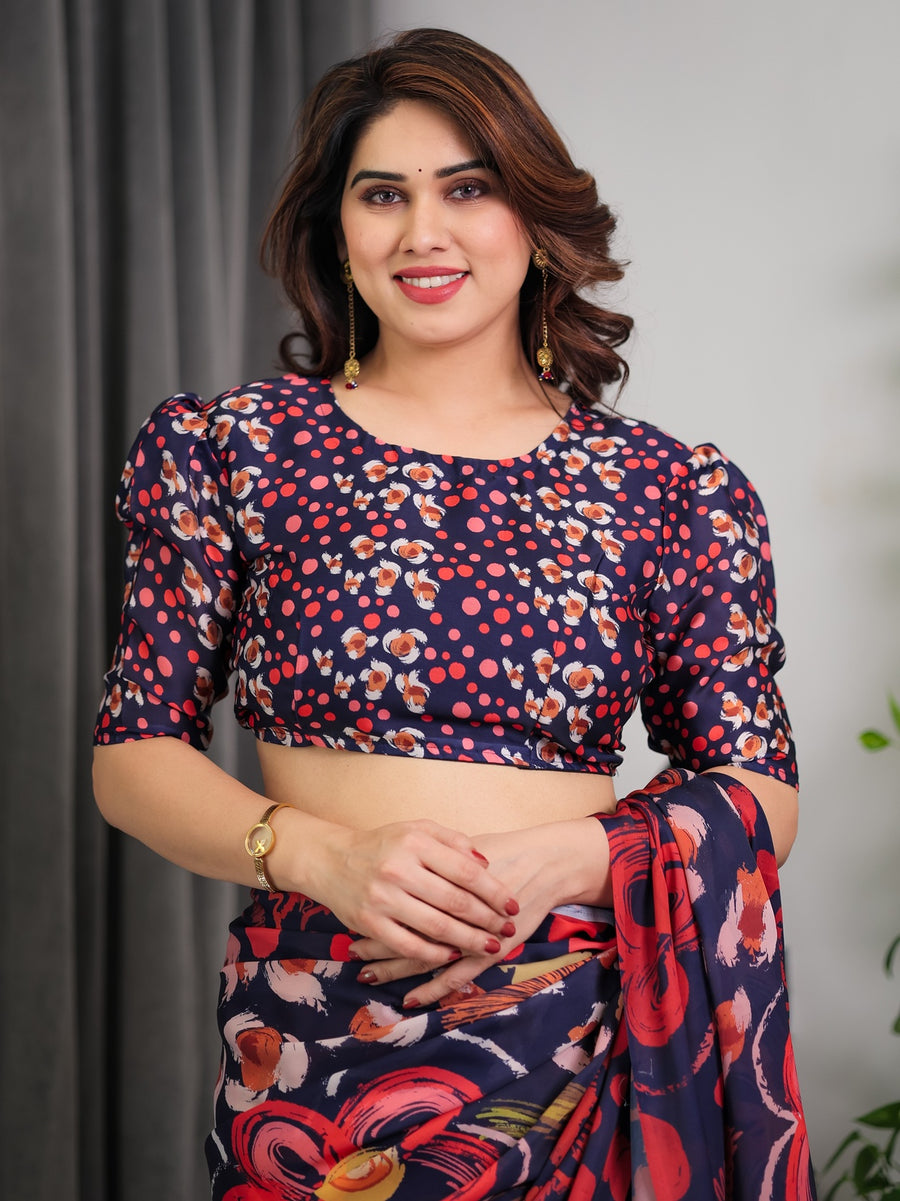 Navy Blue Abstract Floral & Polka Print Satin Georgette Saree | Red Brushstroke – Buy Online