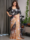 Black & Peach Daisy Floral Satin Georgette Saree | Contrast Pallu – Buy Online | Shree Roop