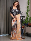 Black & Peach Daisy Floral Satin Georgette Saree | Contrast Pallu – Buy Online | Shree Roop