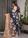 Black & Peach Daisy Floral Satin Georgette Saree | Contrast Pallu – Buy Online | Shree Roop