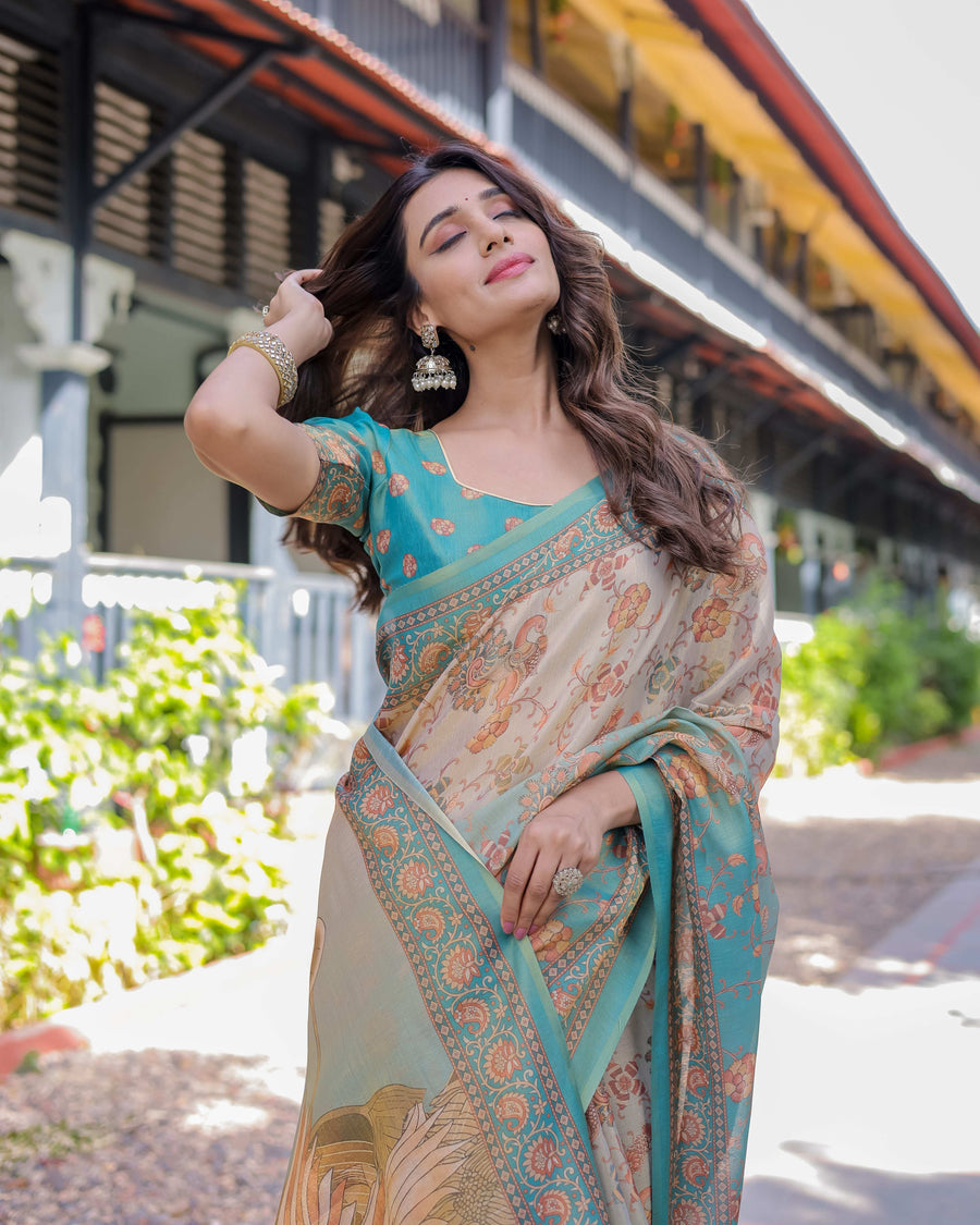 Teal Beige Handloom Cotton Saree with Swan Motif Pallu & Floral Digital Print