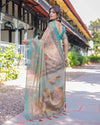 Teal Beige Handloom Cotton Saree with Swan Motif Pallu & Floral Digital Print
