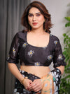 Black & Peach Daisy Floral Satin Georgette Saree | Contrast Pallu – Buy Online | Shree Roop