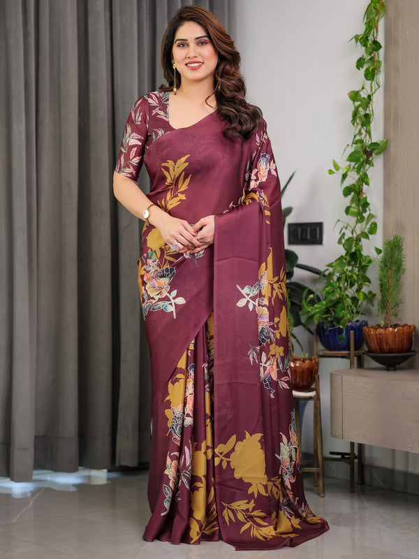 Maroon Satin Georgette Saree | Mustard Leaf Print & Designer Attached Blouse – Buy Online