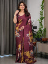 Maroon Satin Georgette Saree | Mustard Leaf Print & Designer Attached Blouse – Buy Online