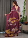 Maroon Satin Georgette Saree | Mustard Leaf Print & Designer Attached Blouse – Buy Online