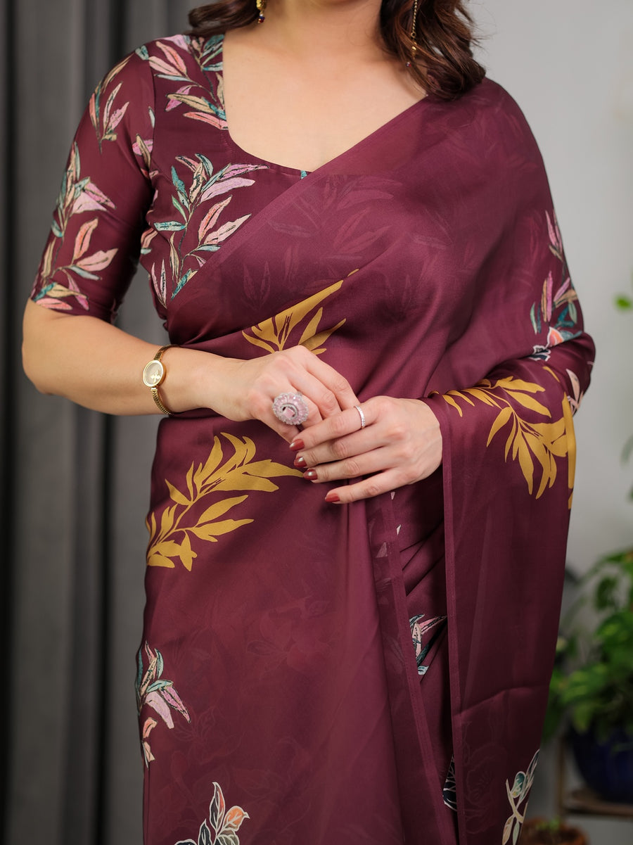 Maroon Satin Georgette Saree | Mustard Leaf Print & Designer Attached Blouse – Buy Online