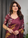 Maroon Satin Georgette Saree | Mustard Leaf Print & Designer Attached Blouse – Buy Online