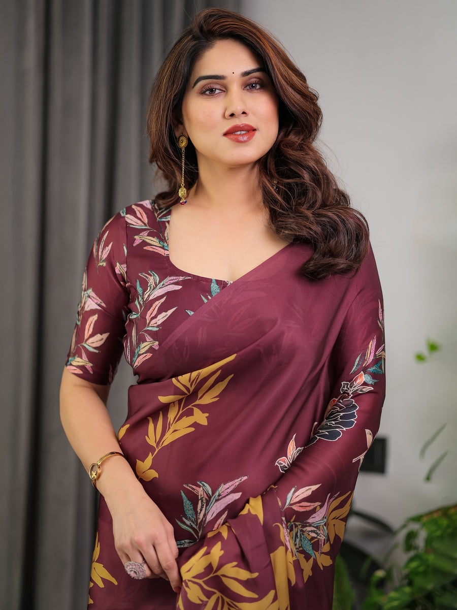 Maroon Satin Georgette Saree | Mustard Leaf Print & Designer Attached Blouse – Buy Online
