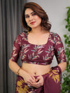 Maroon Satin Georgette Saree | Mustard Leaf Print & Designer Attached Blouse – Buy Online