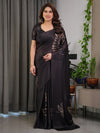 Black Satin Georgette Saree | Gold Leaf Outline Print & Designer Attached Blouse – Buy Online