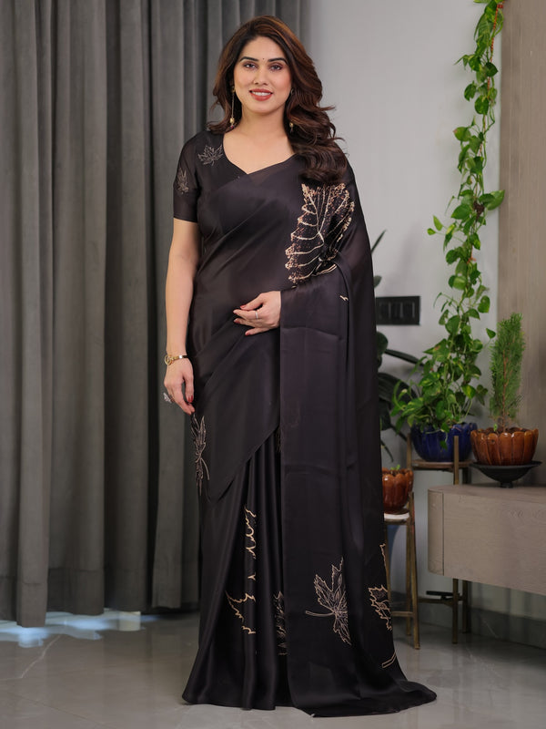 Black Satin Georgette Saree | Gold Leaf Outline Print & Designer Attached Blouse – Buy Online